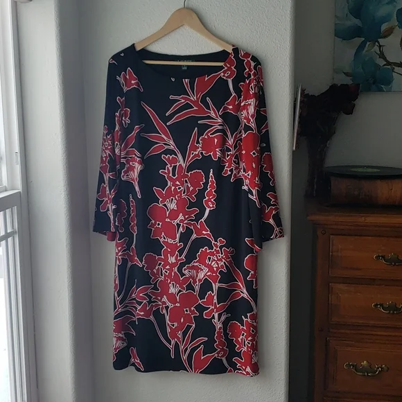 ralph lauren black dress with red flowers Ralph Lauren Black & Red Floral Ruched Dress